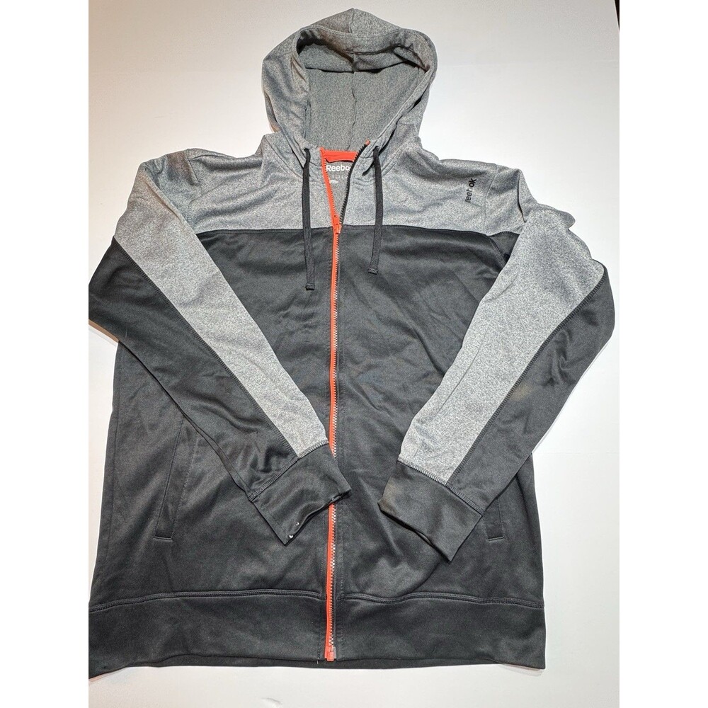 Reebok PlayWarm Mens Large Full Zip Hoodie Gray Black Colorblock Athletic Jacket